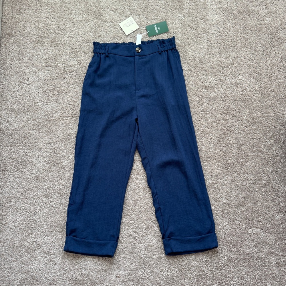 Halara Navy Blue High Waisted Paperbag Ankle Pants Cuffed Rayon Blend Small NWT